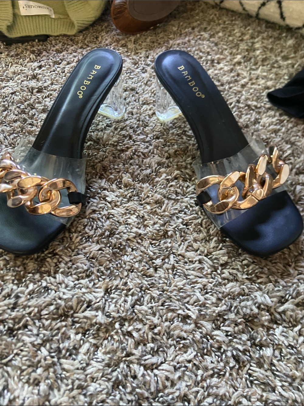 BAMBOO Black Slide Mules with Gold Chain Accent